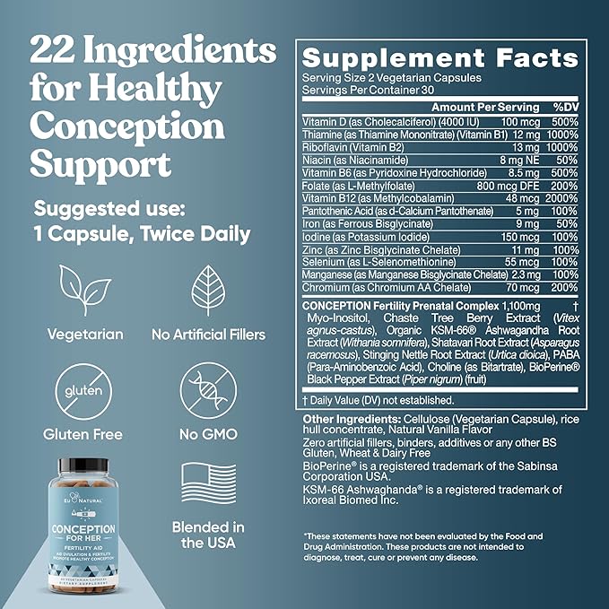 Eu Natural Conception for Her Fertility Supplements for Women - Ovulation, Hormonal Balance & Regular Cycle Support - Myo-Inositol, Folate, Folic Acid & Vitex - 120 Vegetarian Capsules