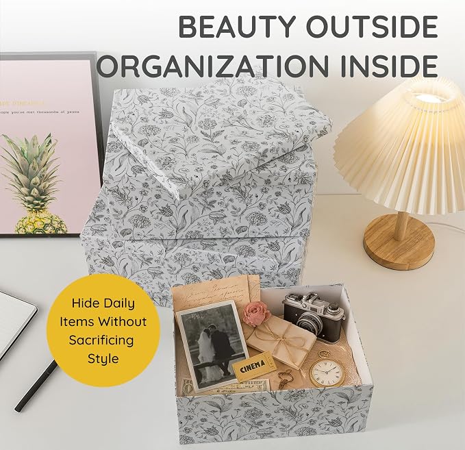 Soul & Lane - Modern Meadow Decorative Storage Boxes with Lids, Set of 3 | Large Nesting Cardboard Keepsake Boxes for Memories, Photos and Gifts, Pretty Modern Floral Containers for Home Decor