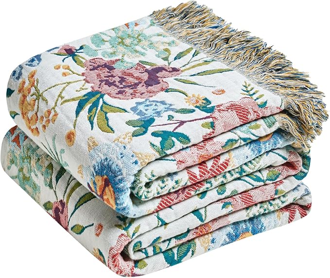 LUTBM Boho Throw Blanket for Bed 60"x80", All Season Cotton Couch Blankets | Reversible Floral Embroidery, Muslin Gauze Twin Quilt, For Chair Sofa Living Room Decor, Lightweight & Breathable, Women Gift