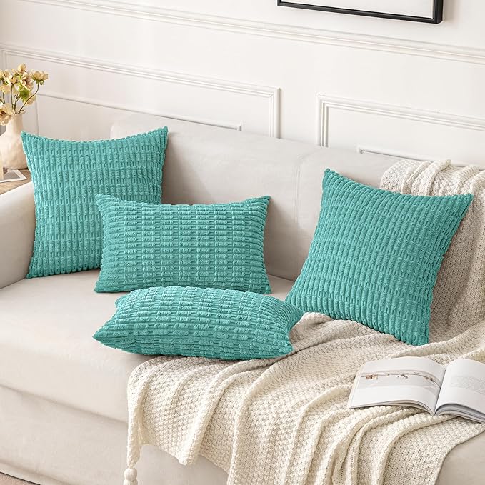 MIULEE Corduroy Decorative Throw Pillow Covers 20x20 Aqua Green Pack of 2 | Soft Boho Striped Pillow Covers Modern Farmhouse Home Decor For Sofa Living Room Couch Bed