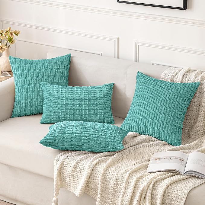MIULEE Corduroy Decorative Throw Pillow Covers 18x18 Aqua Green Pack of 2 | Soft Boho Striped Pillow Covers Modern Farmhouse Home Decor For Sofa Living Room Couch Bed