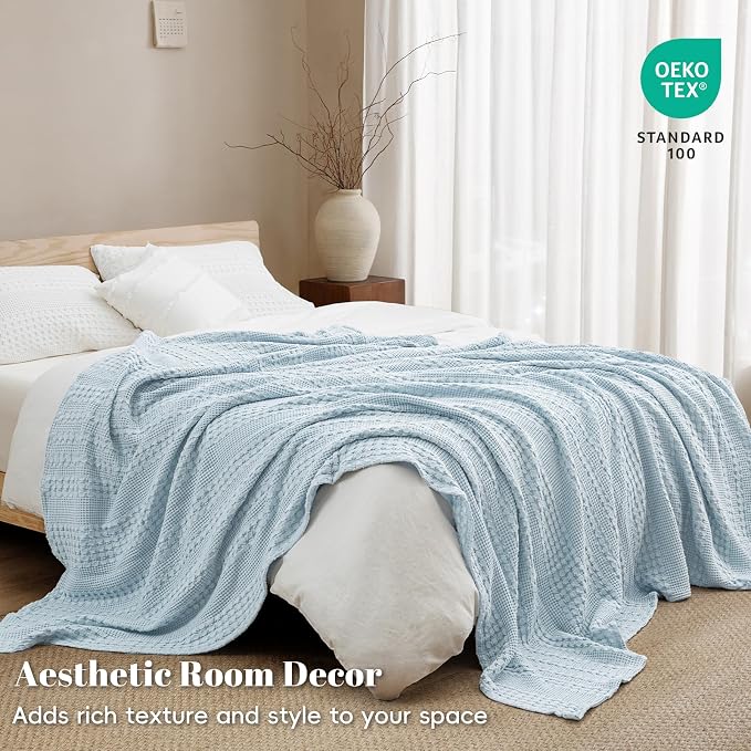 PHF 100% Cotton Waffle Weave Blanket Queen Size, Lightweight Breathable Summer Blanket for Hot Sleepers, Pre-Washed Soft Layer for Bed, Couch, Aesthetic Home Decor & Gift, 90"x90", Sky Blue