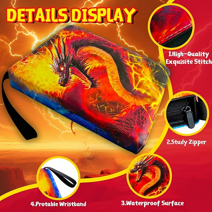 Trading Card Binder for TCG Cards, 9-Pocket Portable Card Collector Ablum Holder Book Fits 900 Cards with 50 Removable Sleeve, Waterproof Card Binder Display Storage Carrying Cases for TCG- Dragon