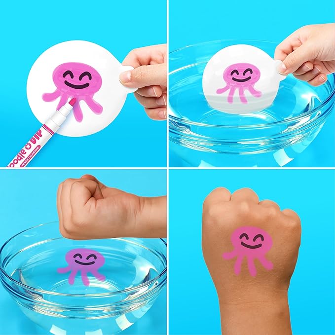 Doodle N Dip, Draw and Float Your Pictures and Add Them as Temporary Tattoos, 8 x Magic Markers & Picture Paddle, Magical Water Colouring Painting Pens, Creative Toy for Children