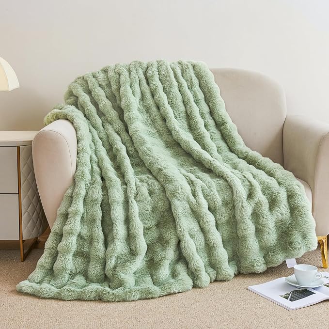 Faux Rabbit Fur Throw Blanket for Couch Gifts for Women, 60"x80" Sage Green | Cozy Reversible Fluffy Throw, Luxury Plush Thick Bubble Blanket, Mothers Gifts for Women, Soft Warm for Bed, Home Decor