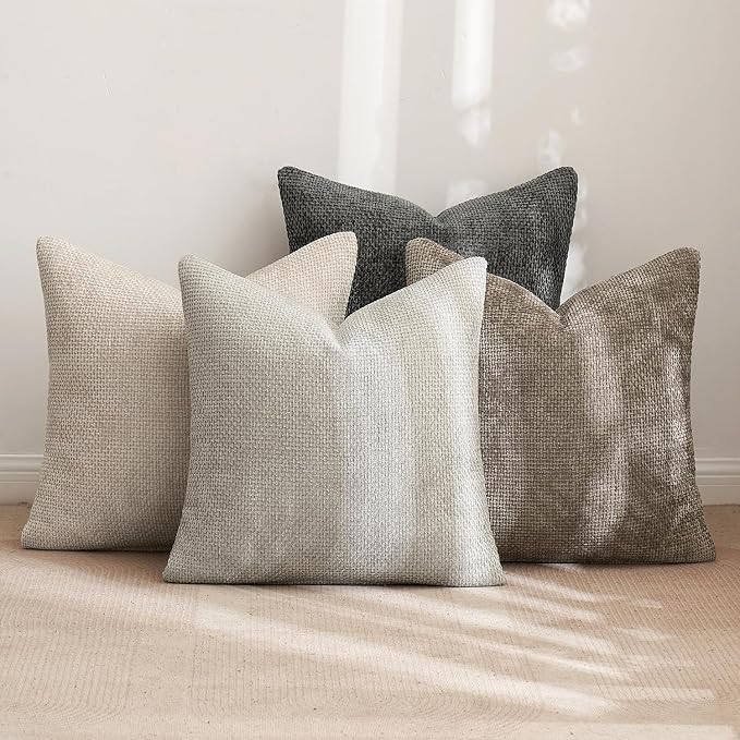 MIULEE Soft Decorative Chenille Pillow Covers Neutral 20x20 Pack of 4 | Mid Century Modern Decor, Cream to Charcoal Set, Couch Throw Pillows, Farmhouse Boho Cushion Covers for Sofa Bed Living Room