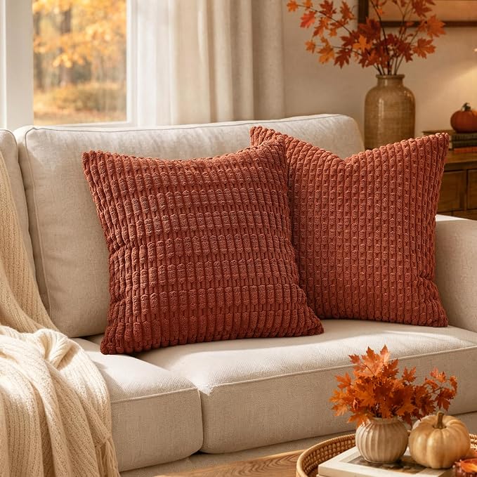 MIULEE Fall Corduroy Decorative Throw Pillow Covers 18x18 Rust Pack of 2 | Terracotta Soft Boho Striped Pillow Covers Modern Farmhouse Autumn Home Decor For Sofa Living Room Couch Bed