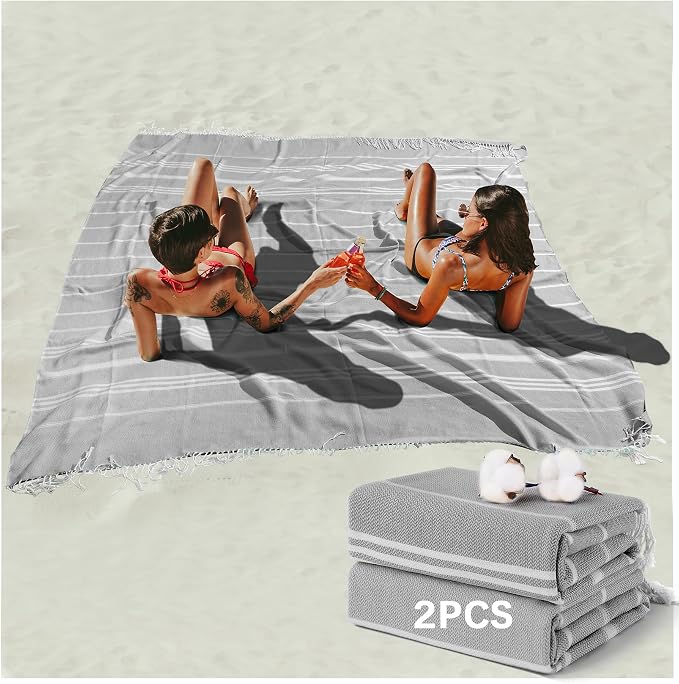 Antfuny 2 Packs Turkish Beach Towel Jumbo Extra Large XL XXL Big Oversized Giant Huge Thin Outdoor Picnic Accessories Airplane Travel Essentials Camping Gears Must Haves Yard Yoga Mat Grey
