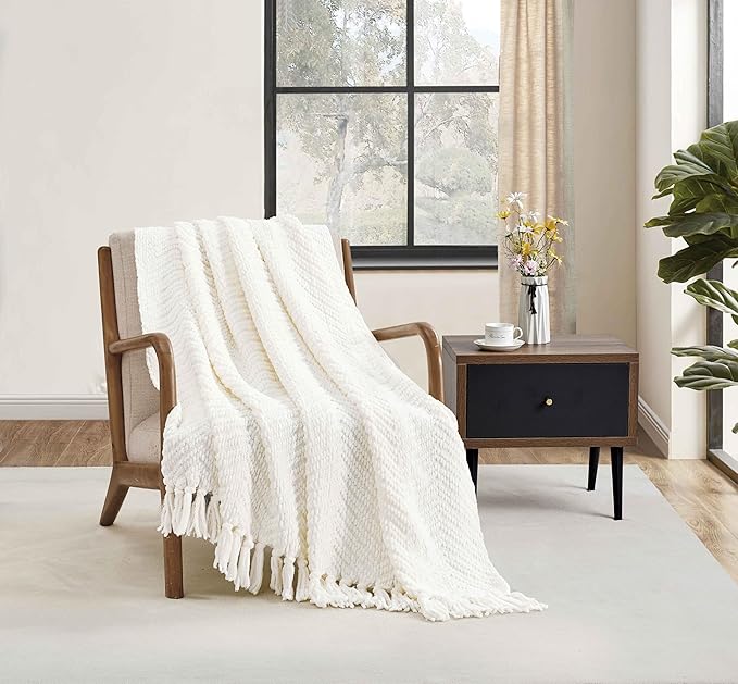 CREVENT 50"X60" Farmhouse Breathable Soft Chenille Knitted Textured Throw Blanket for Couch Chair Bed, Boho Home Decor for Living Room (Ivory)