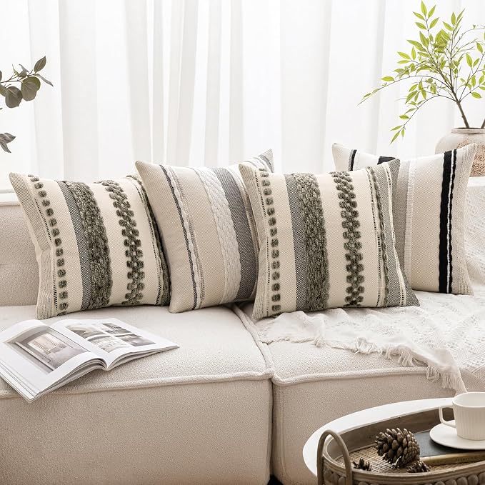 ANRODUO Boho Decorative Pillow Covers 20x20 Pack of 2 Black-White Stripe 2 | Throw Pillow Covers, Farmhouse Cushion Case, Chenille Pillow Cases, Pillow Covers, Neutral Pillowcase for Sofa Couch Bed