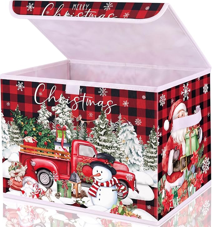 Briwooody Christmas Storage Bin with Lid and Carrying Handle Red Buffalo Plaid Christmas Foldable Storage Box Large Snowman Collapsible Container Basket for Organizing Closet Home Bedroom Xmas Gift