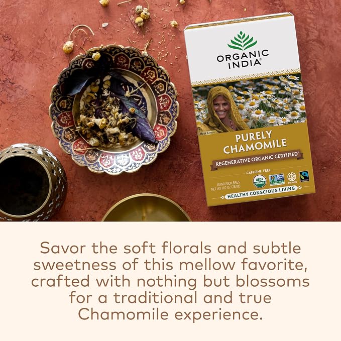 Organic India Purely Chamomile Tea - Regenerative Organic Chamomile Flowers, Caffeine Free, Calming & Relaxing Herbal Tea, Natural Support for Sleep & Relaxation - 18 Bags, Pack of 3