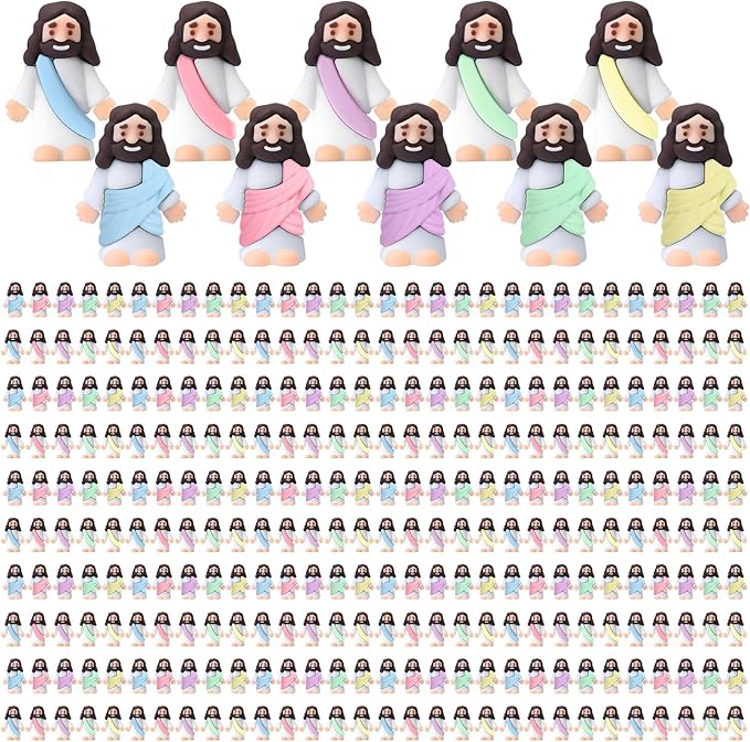 Bememo 300 Pcs Little Jesus Figures Bulk Original Design Mini Pocket Jesus Toys Rubber Figurine to Hide and Seek Religious Party Favors Sunday School Craft Baptism Gifts(Macaron Color)