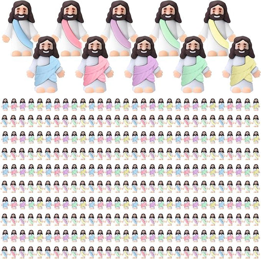 Bememo 300 Pcs Little Jesus Figures Bulk Original Design Mini Pocket Jesus Toys Rubber Figurine to Hide and Seek Religious Party Favors Sunday School Craft Baptism Gifts(Macaron Color)