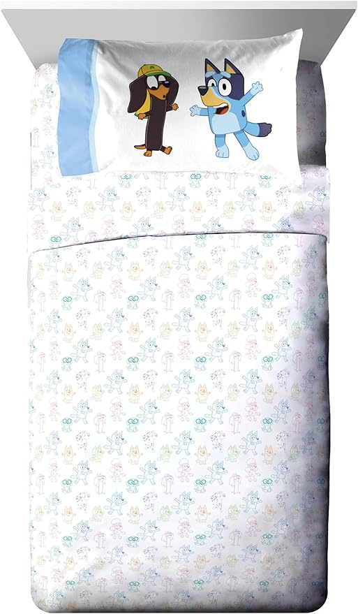 Jay Franco Bluey Twin Size Comforter Set - 4 Piece Bedding Includes Sheet Set, Pillow Covers & Bonus Duffle Bag - Super Soft Kids Bedding with Bingo, Muffin, Coco & Snickers