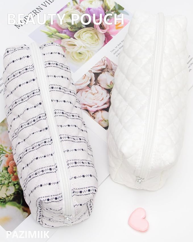 PAZIMIIK Small Quilted Makeup Bag,Zipper Cosmetic Pouch,White Floral | Lightweight Cosmetic Bag Organizer for Women,Purse Storage Holds Makeup,Toiletries,Skincare,Beauty Essentials,Travel Items