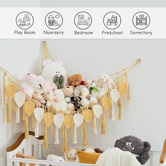 Pretty Jolly Stuffed Animal Storage with Hand Woven Leaf Tassels Hammock Corner Hanging Net Boho Macrame Plush Storage for Kid Room Nursery Decor Wall Display Organizer for Girls Boy Gift(Yellow)