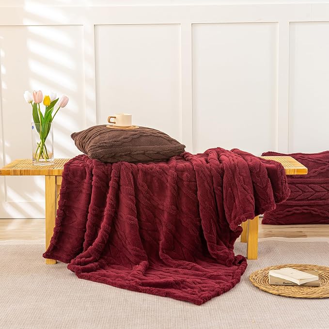 YUSOKI Sherpa Fleece Large Throw Blanket, Burgundy Red, 50"x65" | 3D Stylish Design,320GSM, Non-Shedding, Lightweight for All Season Use, stays fluffy after repeated washes, Perfect Gifts