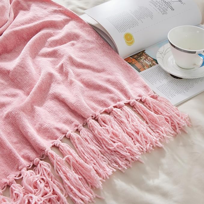 CozeCube Chenille Throw Blanket, Pink Fringe Blanket, 60"X80" | For Couch, Cozy Plush Fuzzy Decorative Blanket with Fringe Tassels, Lightweight Throws for Bed Sofa Gift Home Decor
