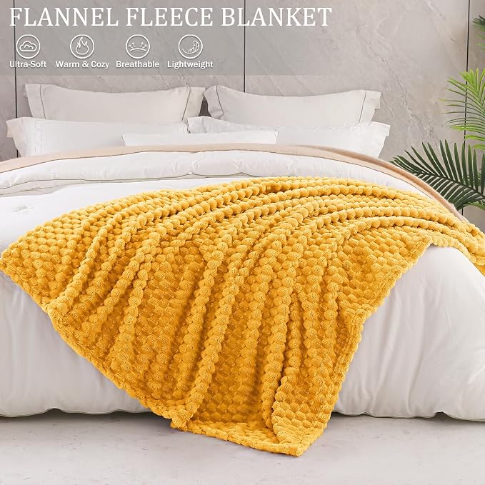 Exclusivo Mezcla 3D Fleece Twin Size Blanket for Bed, Mustard Yellow | Extra Soft Fuzzy Plush Lightweight Bed Blankets, Cozy Fluffy Decorative Blankets for All Seasons, 60x80 Inches