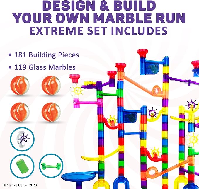 Marble Genius Marble Run - 300 Complete Pieces Maze Track Toys for Adults, Teens, Toddlers & Kids Aged 4-8 Years Old, (181 Translucent Marbulous Pieces + 119 Glass-Marble Set), Extreme Set