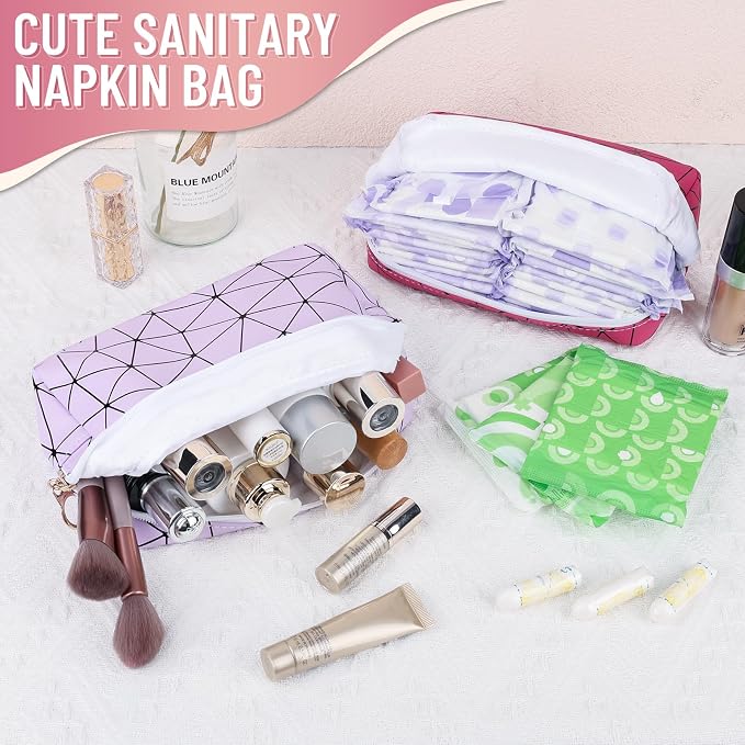 Tampon Holder for Purse Period Bag Waterproof Geometric PU Sanitary Napkin Storage Bag Portable Menstrual Cup Pad Pouch Cute Makeup Bag Feminine Gift Hot Pink