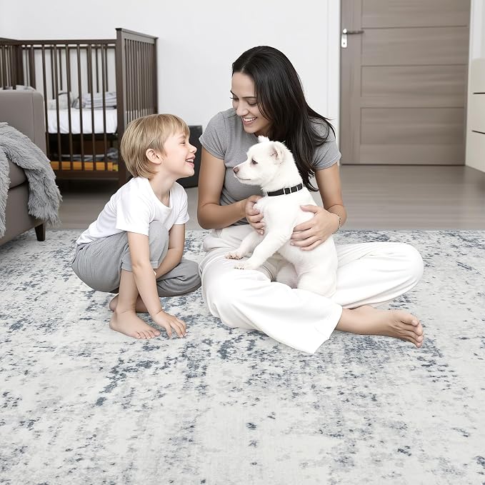 Washable Area Rug 3x5 Entryway Rug: Washable Modern Abstract Soft Thin Rug Indoor Floor No Slip Carpet for Bedroom Dining Room Farmhouse Nursery Home Office - Blue Grey