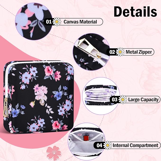 Canvas Period Pouch Discreet Period Underwear Bag Pad Bags | Menstrual Cup & Pad Holder, First Period Kit Storage, Feminine Bag for Women, Portable, Flower Print