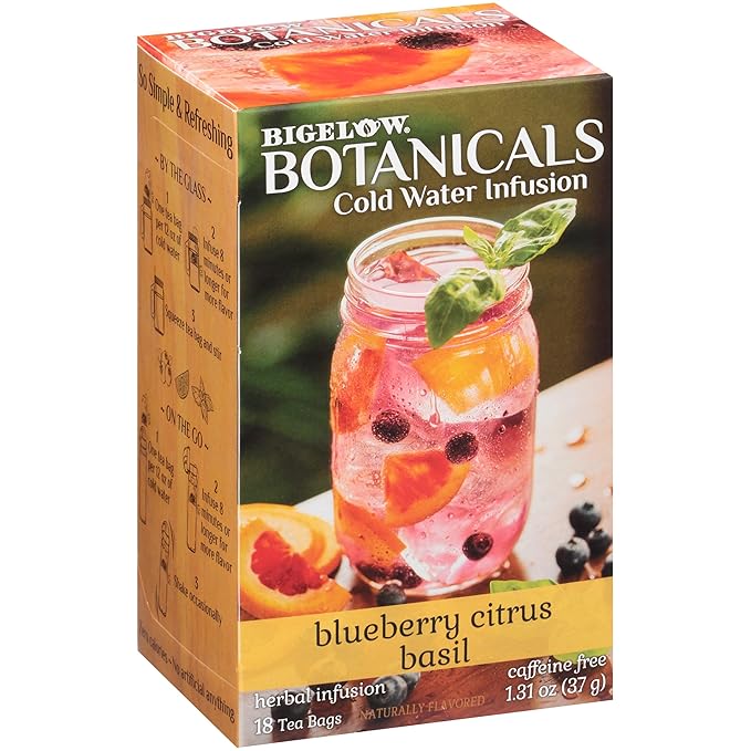 Bigelow Botanicals Cold Water Infusion Blueberry Citrus Basil Herbal Tea, Caffeine Free Tea with Blueberry Citrus Flavor, 18 Count Box (Pack of 6), 108 Total Tea Bags