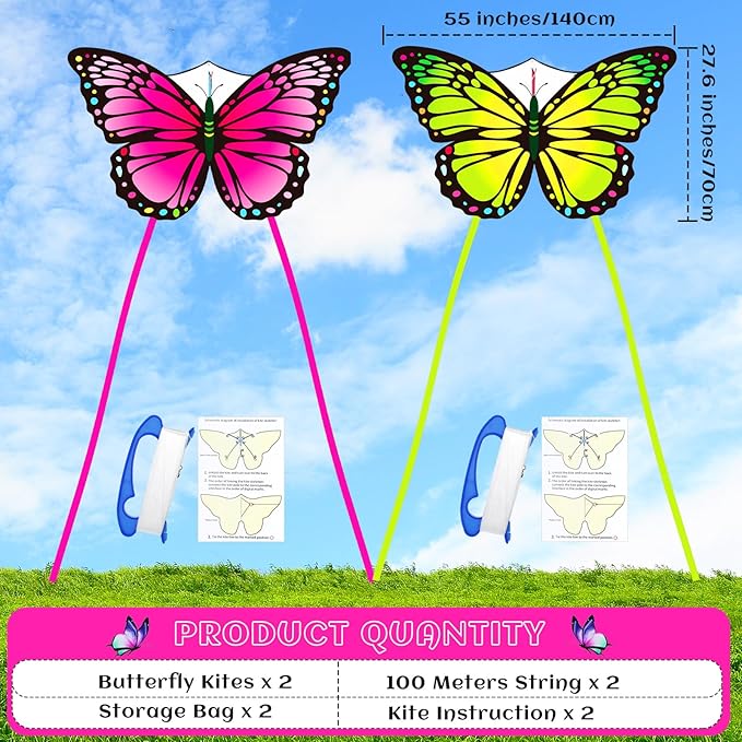 Silipull 2 Pcs Butterfly Kite 55" x 28" Large Kites with 328ft Kite String Beach Colorful Kites for Adults Beginner Outdoor Supplies (Pink and Green)