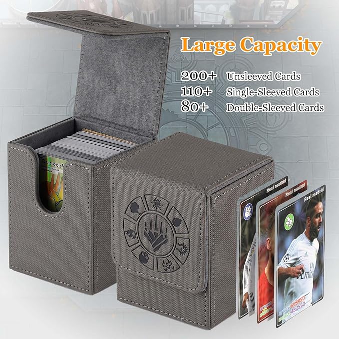Arkeiliy Card Deck Box, 110+ Storage MTG Deck Box with 50 Pcs Card Sleeve, Collectible Trading Card Cases for Magic Commander and More (Grey)