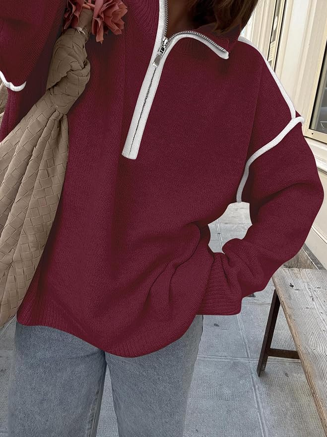 ANRABESS Womens Quarter Zip Sweaters Fall Long Sleeve V Neck Shirts Collared Business Casual Tops Knit Pullover Sweatshirts