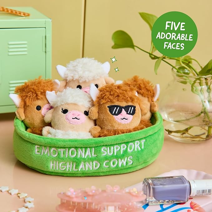 WHAT DO YOU MEME? Emotional Support Highland Cows by Relatable, Cuddly Stuffed Animals, Plushies, and Cute Stuff, Great Gift Ideas for Loved Ones of All Ages, Includes 5 Toys with Carrying Basket