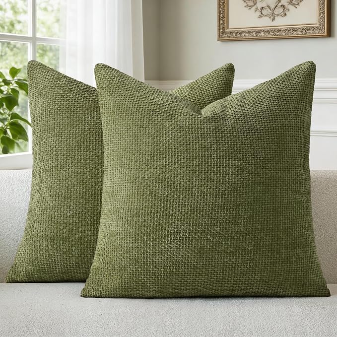 a moment Olive Green Chenille Throw Pillow Covers 16x16 Inch Pack of 2 Modern Decorative Throw Pillow Covers Farmhouse Cross Covers Home Decor for Sofa Bedroom Living Room