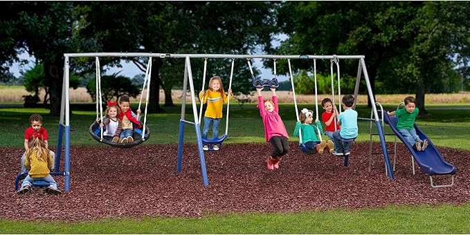 XDP Recreation Fun All Mighty Metal A-Frame Kids Swing Set with 10 Child Capacity Outdoor Backyard Home Playground with Slide and 5 Swing Types,