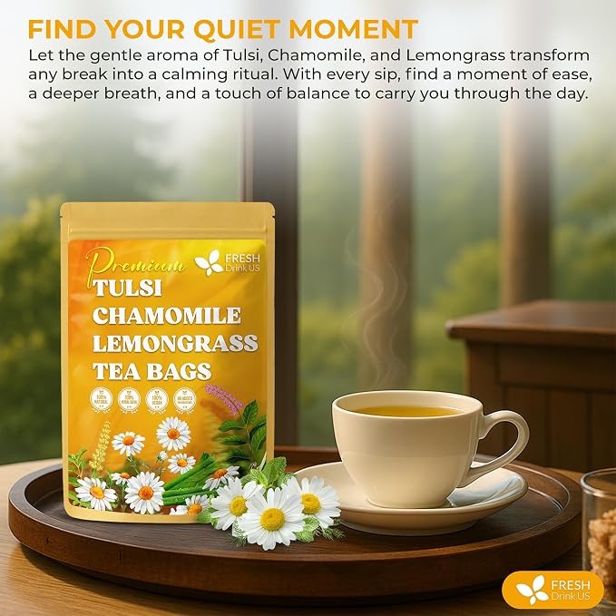 FreshDrinkUS, Premium 75 Tea Bags Tulsi Chamomile Lemongrass Herbal Tea | Blend with Holy Basil, Chamomile Flowers & Lemongrass Leaves – Naturally Caffeine-Free, Soothing Herbal Infusion. Vegan