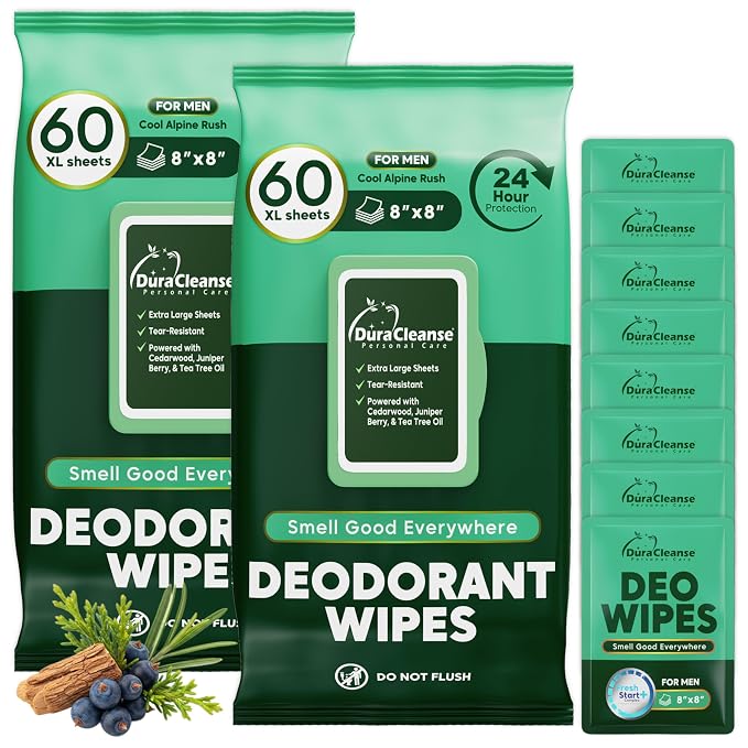 XL Deodorant Wipes for Men - 60 Ct. + 4 Travel Body Wipes Individually Wrapped - 8"x8" Odor Eliminator Towelettes for Underarm, Body, Feet - pH Balanced Armpit Smell Remover for Gym & Post Workouts