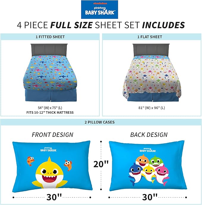 Franco Kids Bedding Super Soft Microfiber Sheet Set, Full, Baby Shark