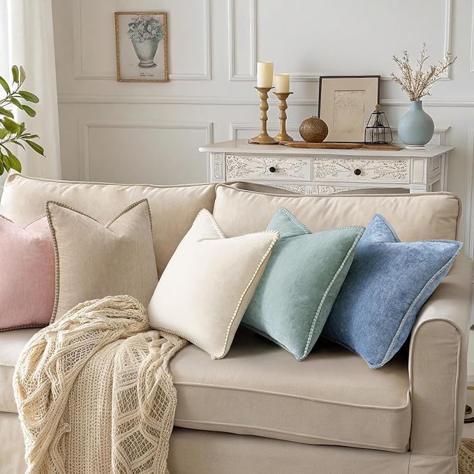 decorUhome Soft Chenille Throw Pillow Covers 12x12 Set of 2 Aqua Haze | Fall Textured Decorative Throw Pillow Cases Stitched Edge Modern Farmhouse Luxury Boho Velvet for Couch Sofa Bed Home Decor