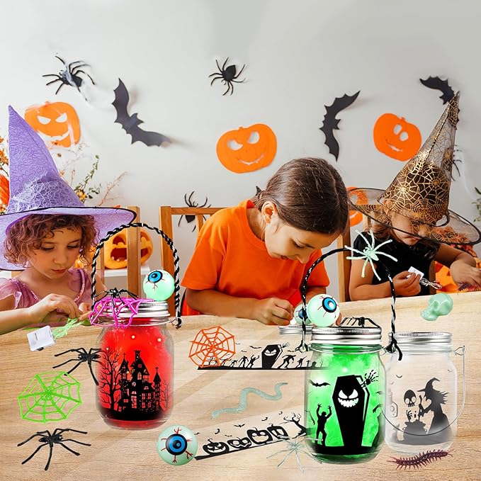 Halloween Crafts for Kids, 4 PCS Mason Jar with Accessories for DIY Craft, Art Party Favor Supplies, Halloween Decoration Trick or Treating, Classroom Art Activities