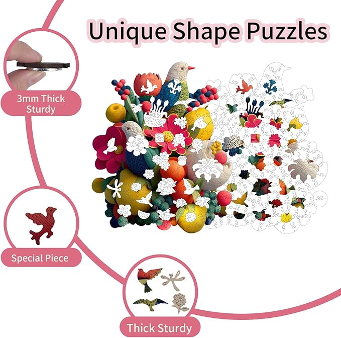 MEATRN Wooden Puzzles for Adults - Flowers & Birds Wooden Jigsaw Puzzles, 202 Pcs Laser-Cut Wood Puzzle Adults, Relaxing Mindful Puzzle Game, Unique Gift for Family and Friends, 9.8x12in