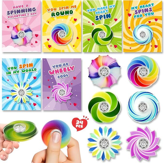 SpringFlower Valentines Day Cards For Kids Classroom With Fidget Sensory Spinner Toys For Valentines Party Favors Supply, Classroom Gift Exchange For Kids Classmates Gift Cards Prizes, 24 Pack