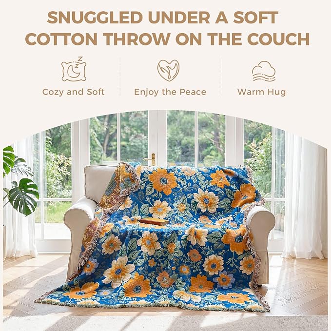 LUTBM Boho Throw Blanket for Couch 50"x60", Cotton Decorative Bed Throws | Blue Reversible Florals Jacquard, All-Season Lightweight Soft Blanket, For Chair Sofa Bedroom Living Room Decor
