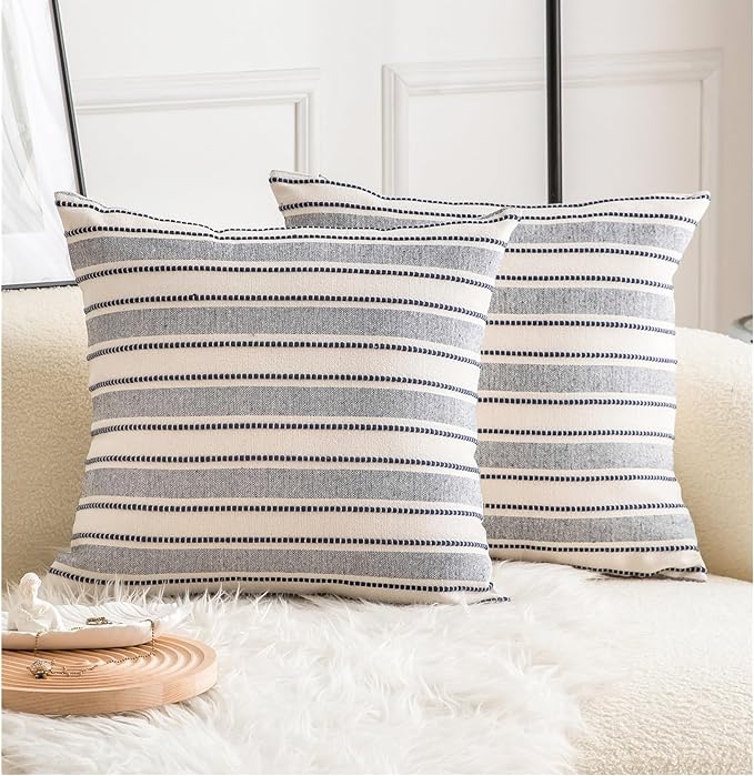 Cethom Decorative Boho Throw Pillow Covers, Farmhouse Textured Pillow Case, 20 x 20 Inch Set of 2, Chair Sofa Bedroom Living Room Decor Couch Cushion Case, Navy Blue and Beige Striped