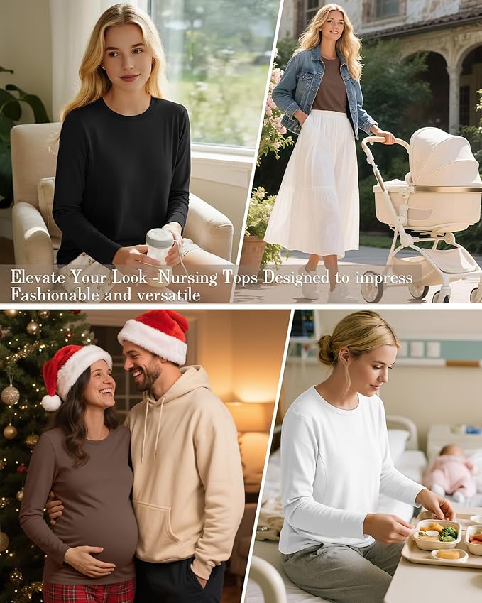 3 Pack Nursing Tops for Breastfeeding Maternity Shirts Zipper Long Sleeve Round Neck Knit Casual Nursing Clothes