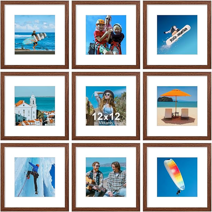 Vittanly 12x12 Picture Frames Set of 9 for Wall Mounting, Wood Grain Brown | Display Pictures 8x8 with Mat or 12x12 without Mat for Wall Mounting, Square Photo Frames for Home Decor, Engineered Wood