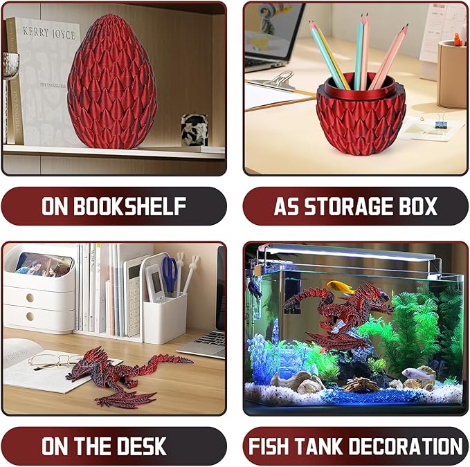 3D Printed Dragon,Flying Mystery Egg Articulated Dragon,3D Printed Crystal Dragon with Wings,3D Dragon Eggs with Dragon Inside,Adults Fidget Toys for Autism ADHD (Black Red Pro)