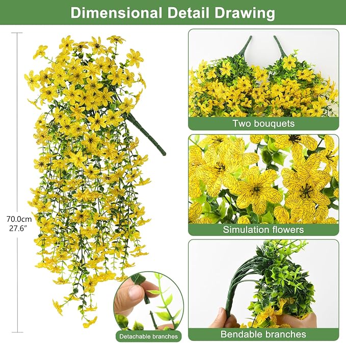 INQCMY Artificial Fake Hanging Flowers Plants for Outdoor Fall Decoration | 2 PCS Faux Silk Daisy with Eucalyptus Leaves,UV Resistant Look Real for Outside Home Planter Porch Patio Balcony Yard Decor