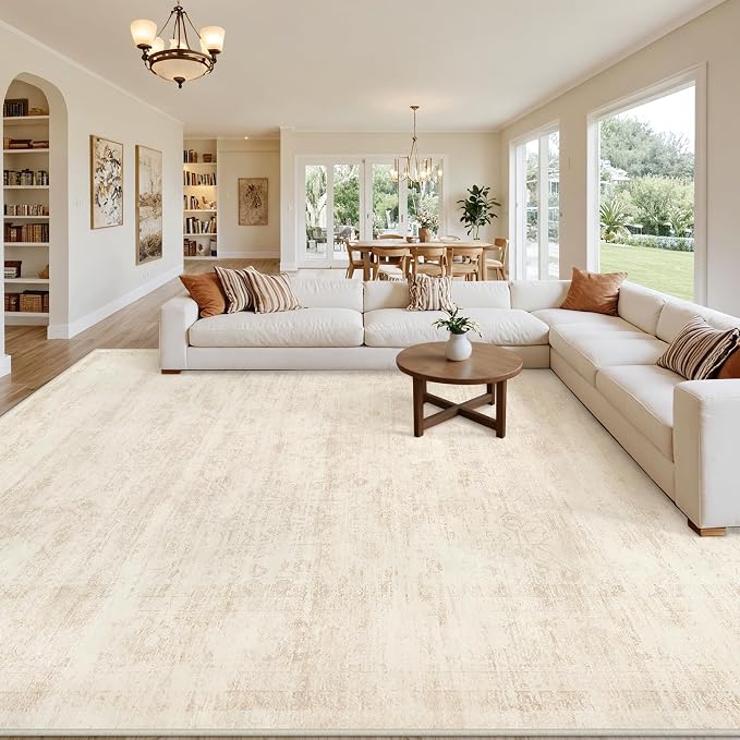 10x14 Area Rug for Living Room: Vintage Boho Neutral Washable Rug Indoor Soft Large Area Rug Carpet for Bedroom Nursery Farmhouse Dining Room Office Floor Non-Slip Low Pile Under Table Rug Retro Beige