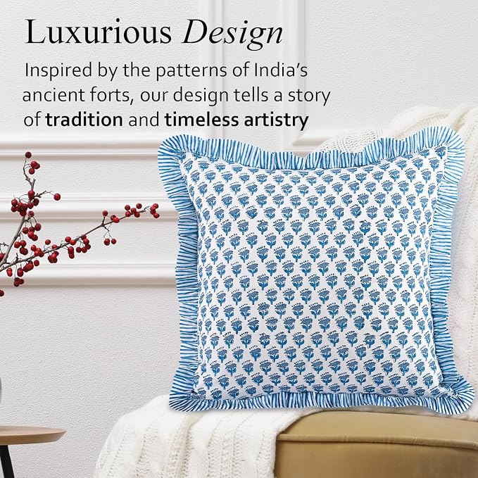 CPC Block Print Ruffle Throw Cover Apatite Blue 20"x20" Inch Pack of 2-100% Cotton Ruffle Couch Decorative Boho Pillows Case for Living Room, Bedroom, Sofa, Farmhouse Gift for Spring, Mother's Day